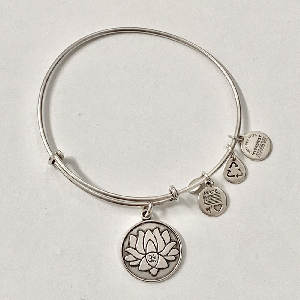 Alex and Ani Lotus Charm Silver Bracelet with Om Symbol